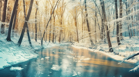 A stream running through a snow covered forest. AI generative image.の素材