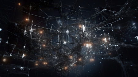 Abstract black space with glowing luminescent elements and connecting lines, AI generative backgroundの素材