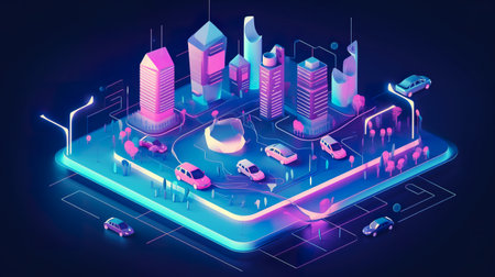 A city with a lot of cars on it. AI generative image.の素材