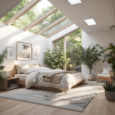 A bedroom with a large bed and a skylight. AI generative Norvegian houseの素材