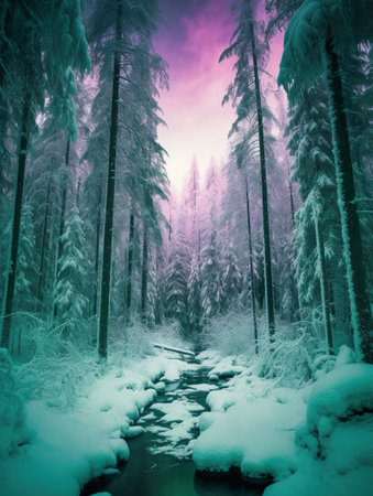 Northern forest, evergreen trees in winter covered in snow, AI generative cyan and and pale pink landscapeの写真素材
