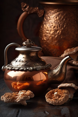 A copper teapot with chaga mushrooms on a table. AI generative mushroom teaの素材