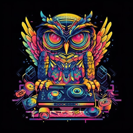 A colorful owl with headphones on top of a turntable. AI generative image.の素材
