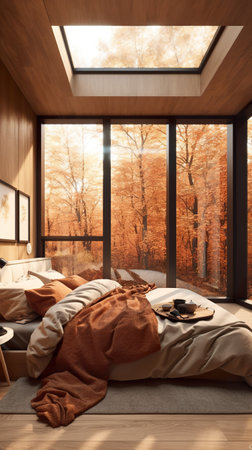 A bedroom with a bed and a large window. AI generative image. Norway houseの素材