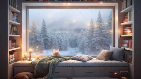 Cosy reading corner with bench, book shelves by large vindow, AI generative Norvegian house interiorの素材