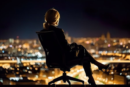 Successful Businesswoman with City View at Night, AI Generativeの素材