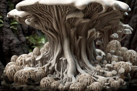 Natural mycelium, fungus, mushroom colony growing, very detailed AI generativeの素材