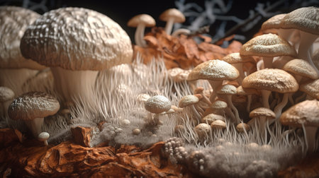 Fungi and Mycelium Outdoors in Natural Habitat, Close-Up AI Generativeの素材