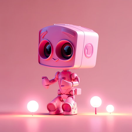 A pink robot is standing in front of some lights. AI generative image.の素材