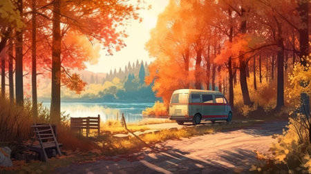 A van parked on the side of a road next to a lake. AI generative image.の素材