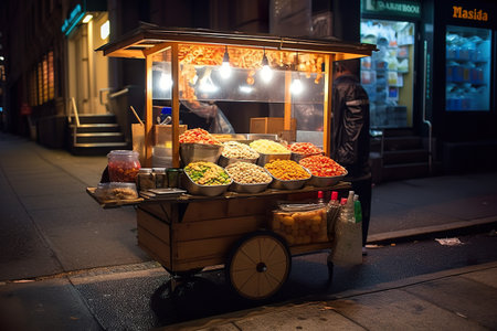 A food cart on the side of a street at night. AI generative image.の素材