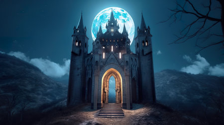 Dark academia style, gothic castle, entrance gates with dark night and full moon behind, AI generativeの素材