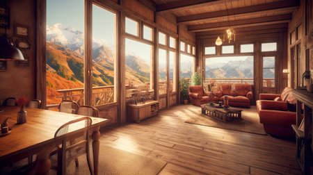 Wooden home interior, cosy shalet high in mountains, rustic living room, AI generative illustraionの素材