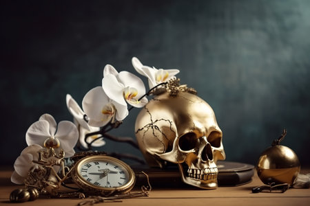 A gold skull sitting on top of a wooden table. AI generative image.の素材