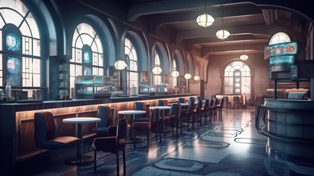 A restaurant with tables and chairs in front of large windows. AI generative image. Dark academia style.の素材