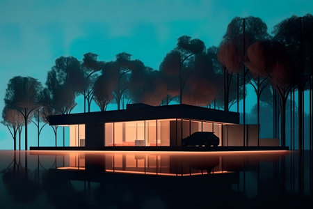 A car is parked in front of a house. AI generative image.の素材