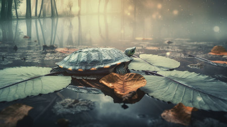 A turtle sitting on top of a leaf covered pond. AI generative image.の素材