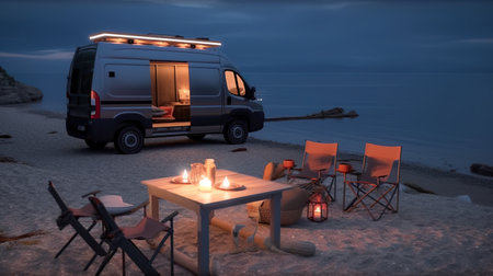 A camper van parked on the beach next to a table and chairs. AI generative image.の素材