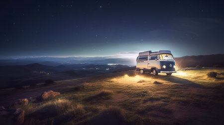 A van parked on top of a hill at night. AI generative image.の素材