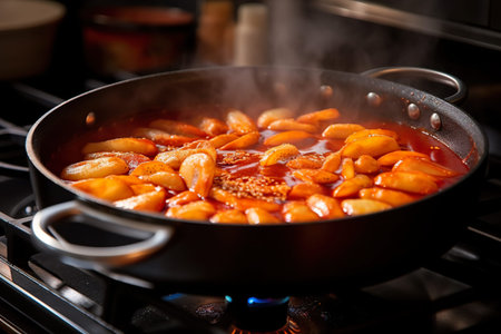Black skillet filled with Tteokbokki, Korean street food, AI generative.の素材
