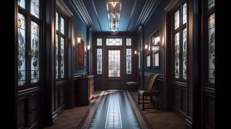 A hallway with a chair and a chandelier. AI generative image. Dark academia style.の素材