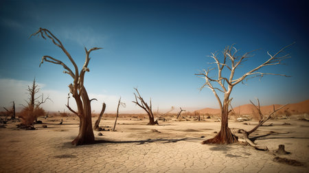 A barren area with dead trees in the middle of the desert. AI generative image.の素材