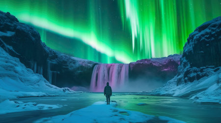 Aurora borealis, polar lights over frozen waterfall, tiny human, polar AI generative landscape