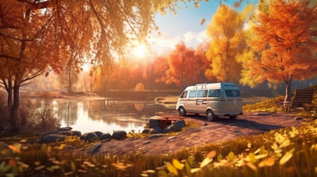 A van parked on the side of a road next to a lake. AI generative.の素材