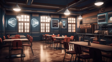 A restaurant with a lot of tables and chairs. AI generative image. Dark academia style.の素材