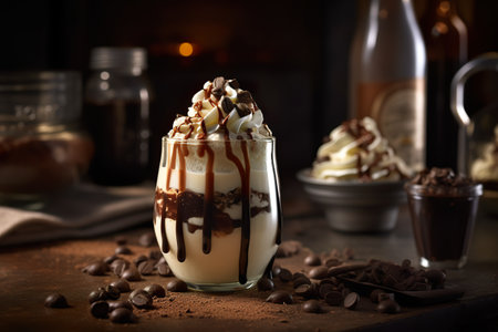 A chocolate milkshake with whipped cream and chocolate chips. AI generative image. Dirty soda.の素材