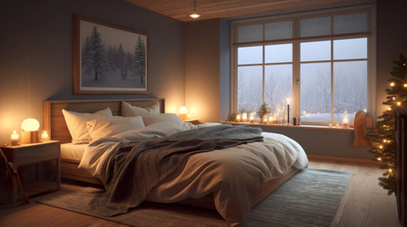 A bedroom with a bed and a christmas tree. AI generative image. Norway houseの素材