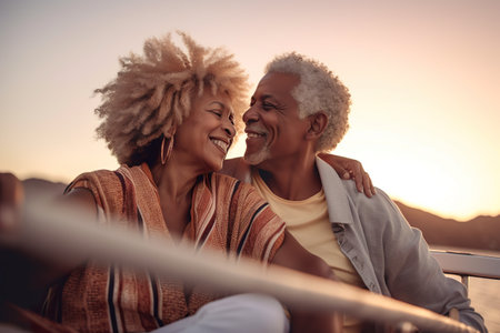 Senior African Couple in Love on Yacht at Sunset, AI Generativeの素材