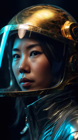 A woman wearing a helmet with a blue light on her face. AI generative image.の素材