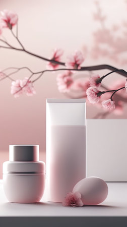 Glass Bottle and Jar Beauty Products with fresh pink flowers, AI Generativeの素材