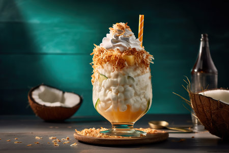 A coconut milkshake with whipped cream and coconut flakes. AI generative image. Dirty soda.の素材