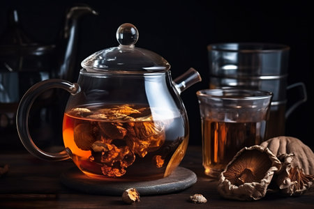 AI generative mushroom tea, glass teapot with chaga mushrooms on a table.の素材