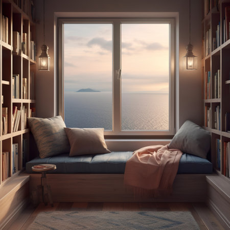 Cosy reading corner with bench, book shelves by large vindow, AI generative Norvegian house interiorの素材