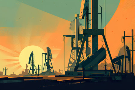 A painting of oil pumps in a field. AI generative image.の素材