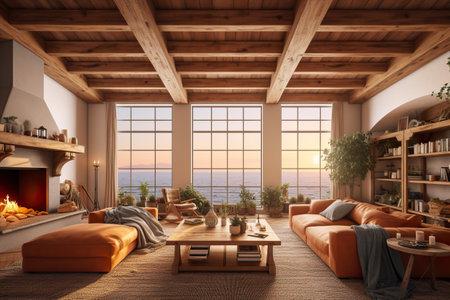 A living room filled with furniture and a fire place. AI generative image. Cosy Norvegian houseの素材