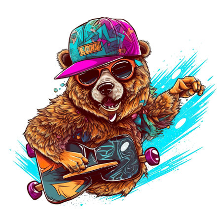 A bear wearing a hat and sunglasses holding a skateboard. AI generative image.の素材