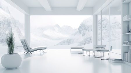 Scandinavian living room, white furniture, minimal accents, winter forest outside, AI generativeの素材
