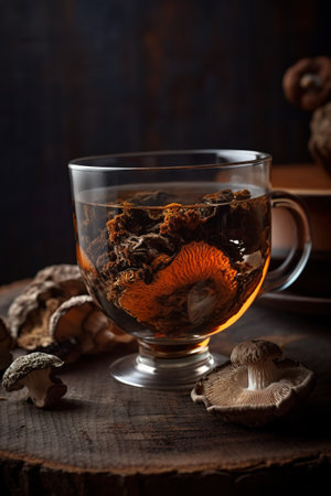 AI generative mushroom tea, glass teapot with chaga mushrooms on a table.の素材