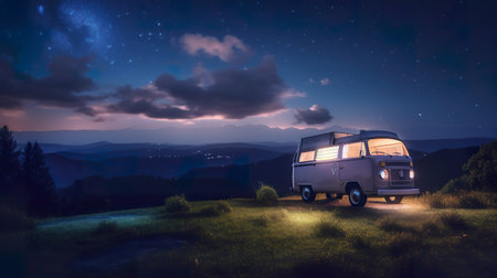 A camper van is parked on a hill at night. AI generative image.の素材