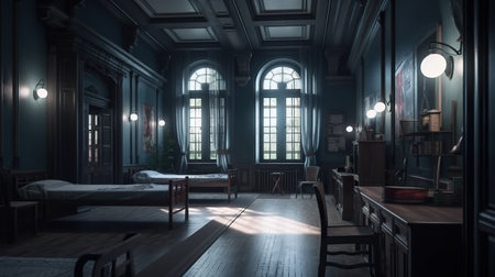 A dimly lit room with two beds and a desk. AI generative image. Dark academia style.の素材