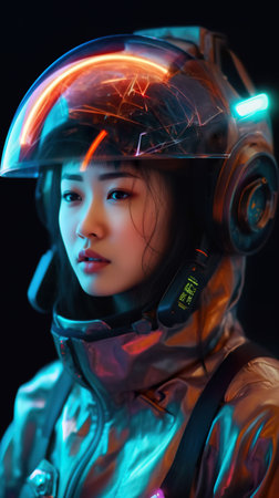 A woman wearing a futuristic helmet with glowing lights. AI generative image.の素材