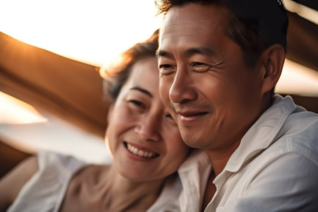 Senior Couple in Love on Yacht at Sunset, AI Generativeの素材