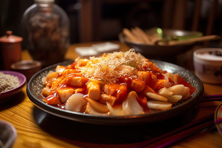 A plate of food sitting on top of a wooden table, AI generative Tteokbokki Korean foodの素材