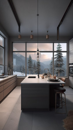 A kitchen with a large window and a view of the mountains. AI generative image. Norway houseの素材