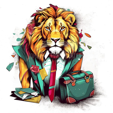 A drawing of a lion wearing a suit and tie. AI generative image.の素材