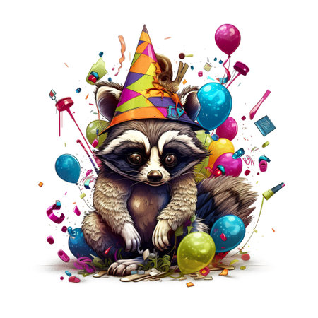 A raccoon wearing a party hat surrounded by balloons and confetti. AI generative image.の素材